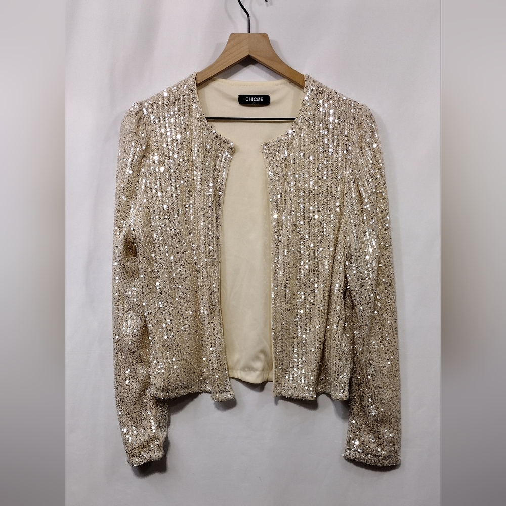 ChicMe Sequin Open Front Jacket Womens XL Gold Boho Retro Rockabilly Disco Y2K - Picture 2 of 10